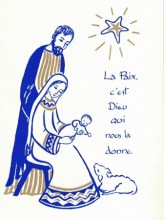 Carte de voeux chrétienne : Sainte Famille bleue et or